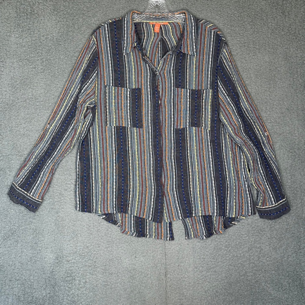 Chelsea & Violet Womens Large Gray Striped Cotton Boho Button Down Shirt L